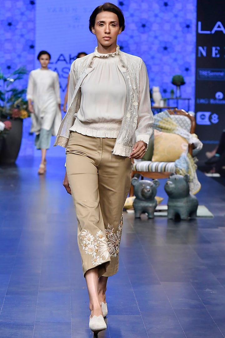 Ivory Embroidered Bomber Jacket With Top & Beige Pants by Varun Bahl