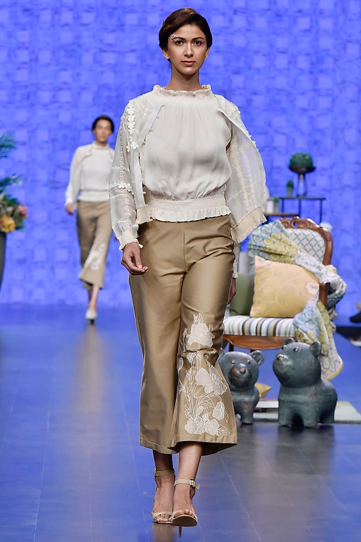 Ivory Bomber Jacket With Top & Beige Applique Pants by Varun Bahl