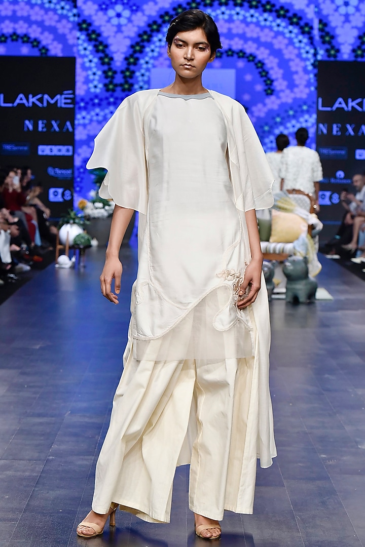 Ivory Butterfly Long Jacket With Tunic & Flared Pants by Varun Bahl