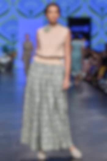 Peach Printed Top With Duckegg Skirt by Varun Bahl