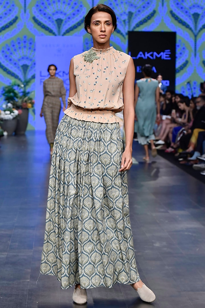 Peach Printed Top With Duckegg Skirt by Varun Bahl