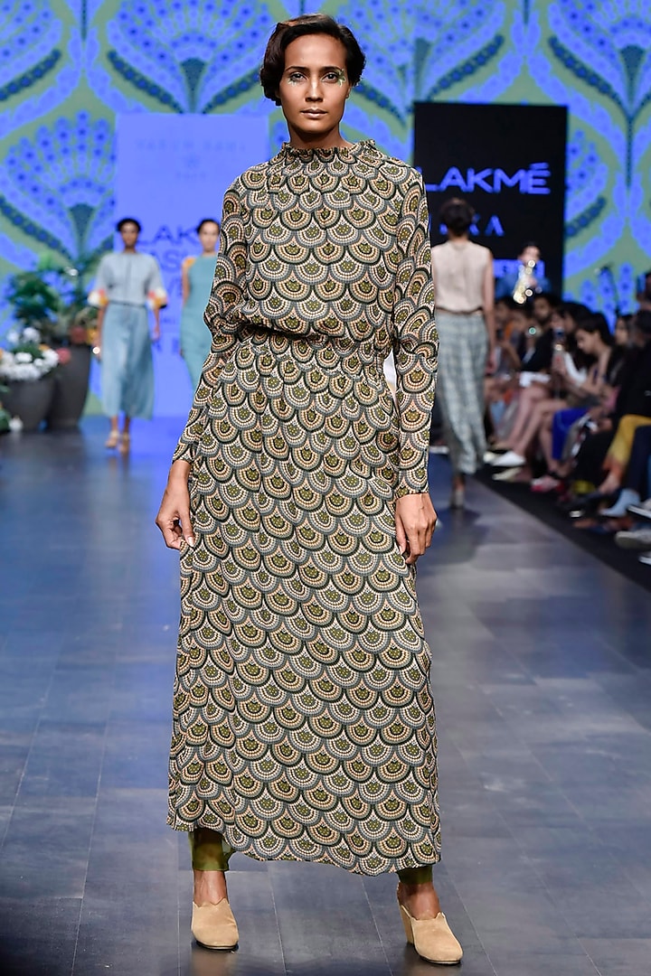 Olive Green Printed Scalloped Dress by Varun Bahl