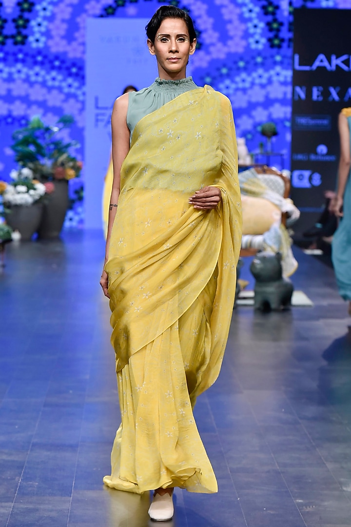 Yellow & Duckegg Printed Pre-Stitched Saree Set by Varun Bahl
