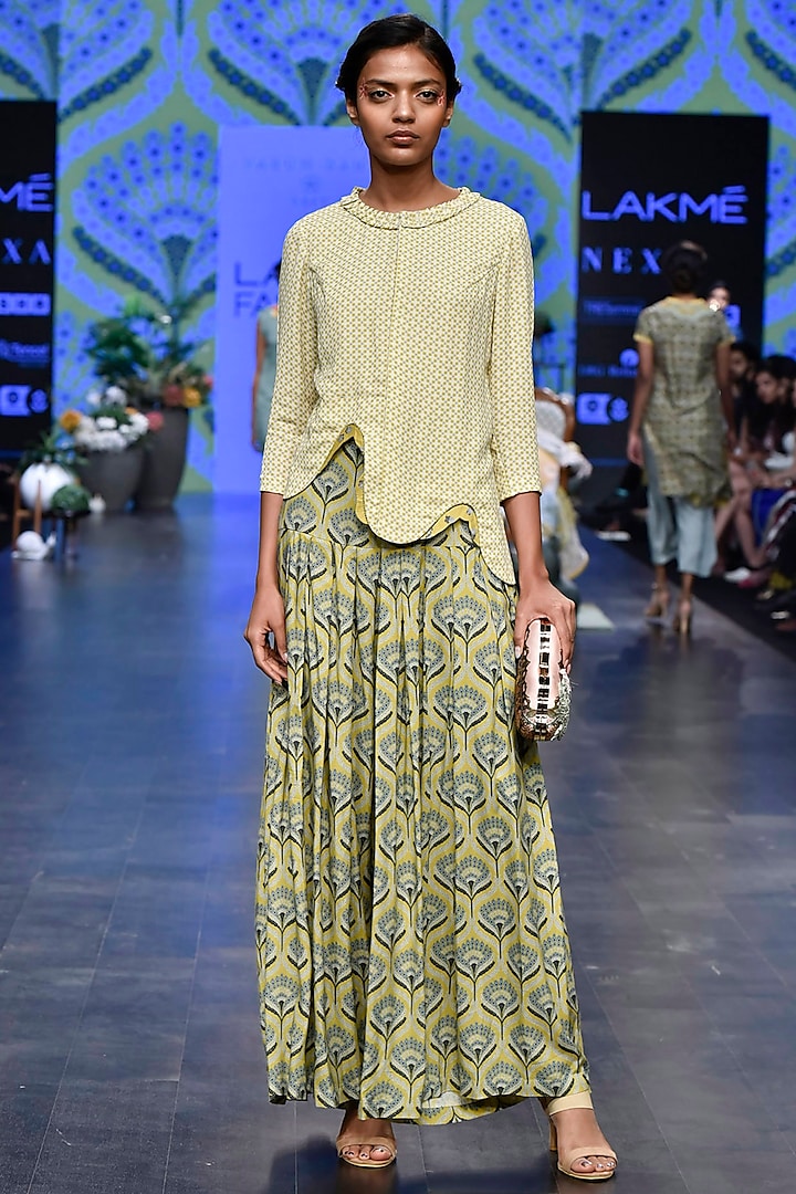 Green Printed Shirt With Olive Green Pleated Flared Pants by Varun Bahl