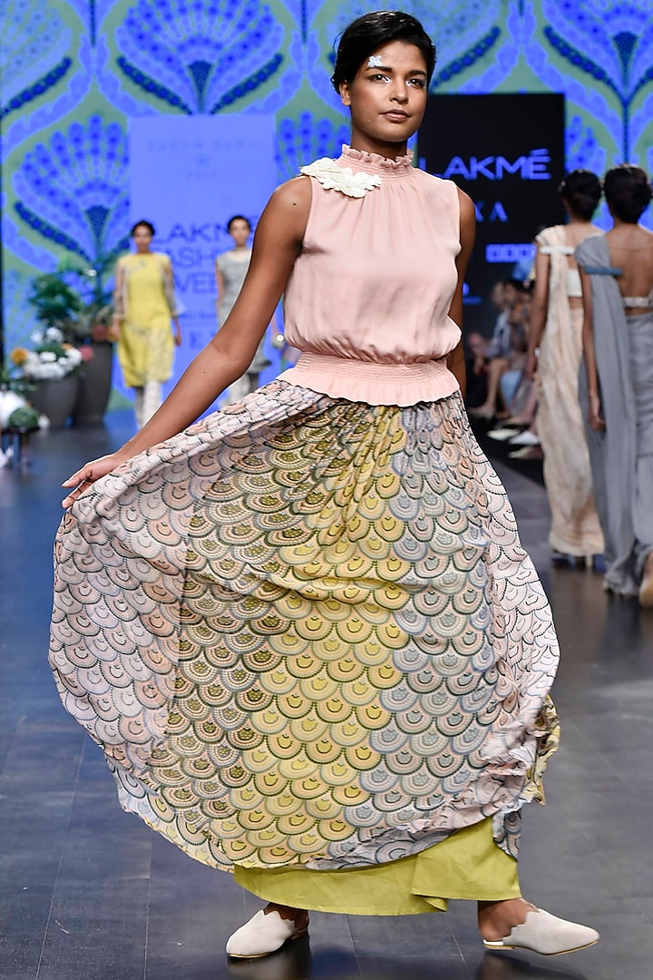 Pink Floral Top With Multi Colored Printed Skirt by Varun Bahl