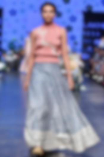 Dark Pink Sequins Top With Duckegg Digital Printed Lehenga Skirt by Varun Bahl