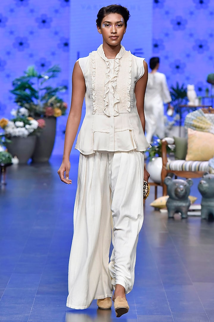 Ivory Frilled Top With Pleated Pants by Varun Bahl