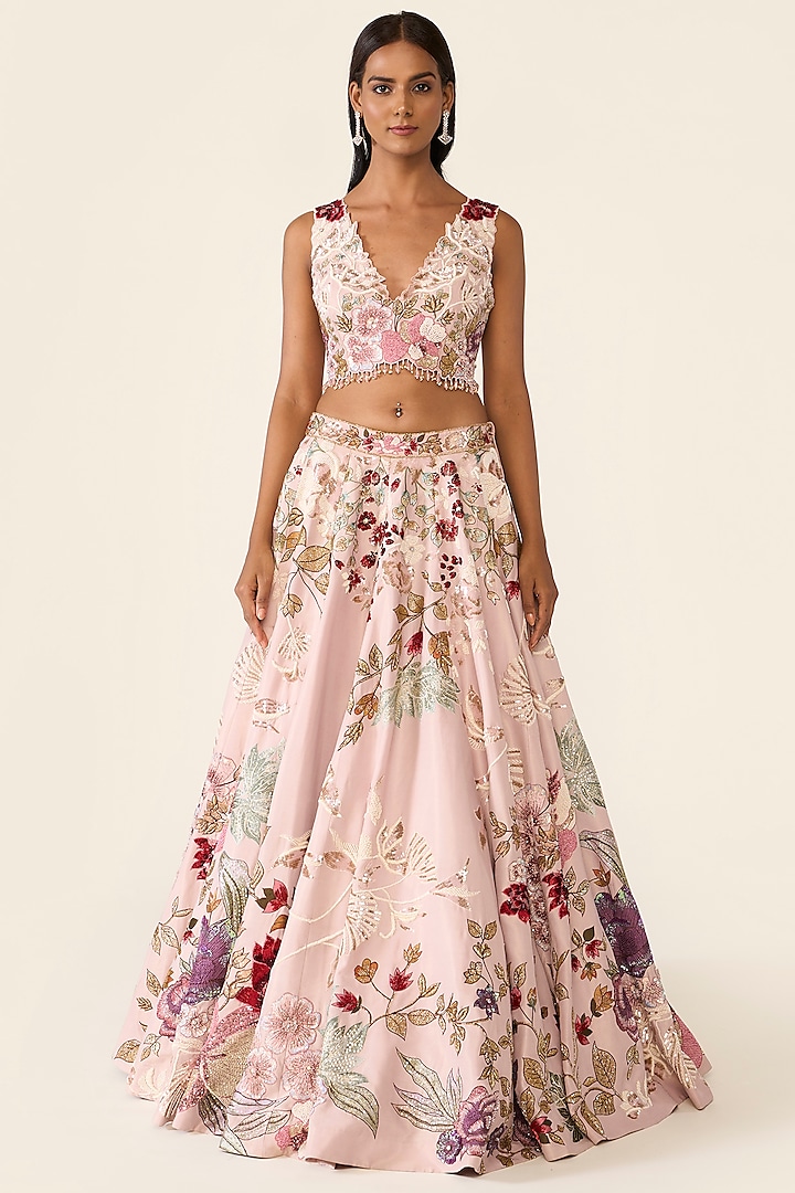 Pink Lurex Thread Embroidered Bridal Lehenga Set by Varun Bahl at Pernia's Pop Up Shop