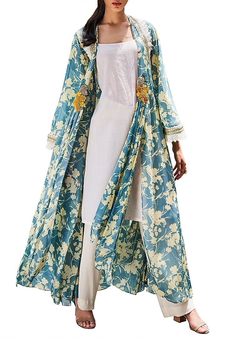 Green Jacket With Ivory Tunic & Pants by Varun Bahl at Pernia's Pop Up Shop