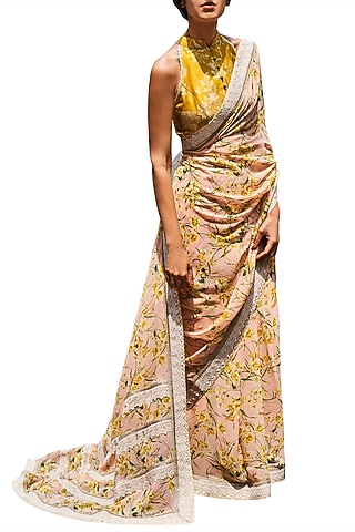 Pink & Mustard Printed Saree Set by Varun Bahl
