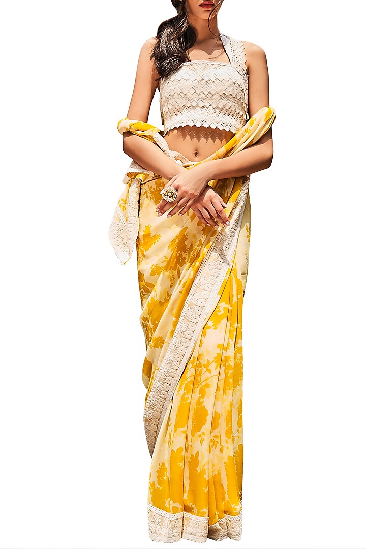 Yellow & Ivory Printed Saree Set by Varun Bahl