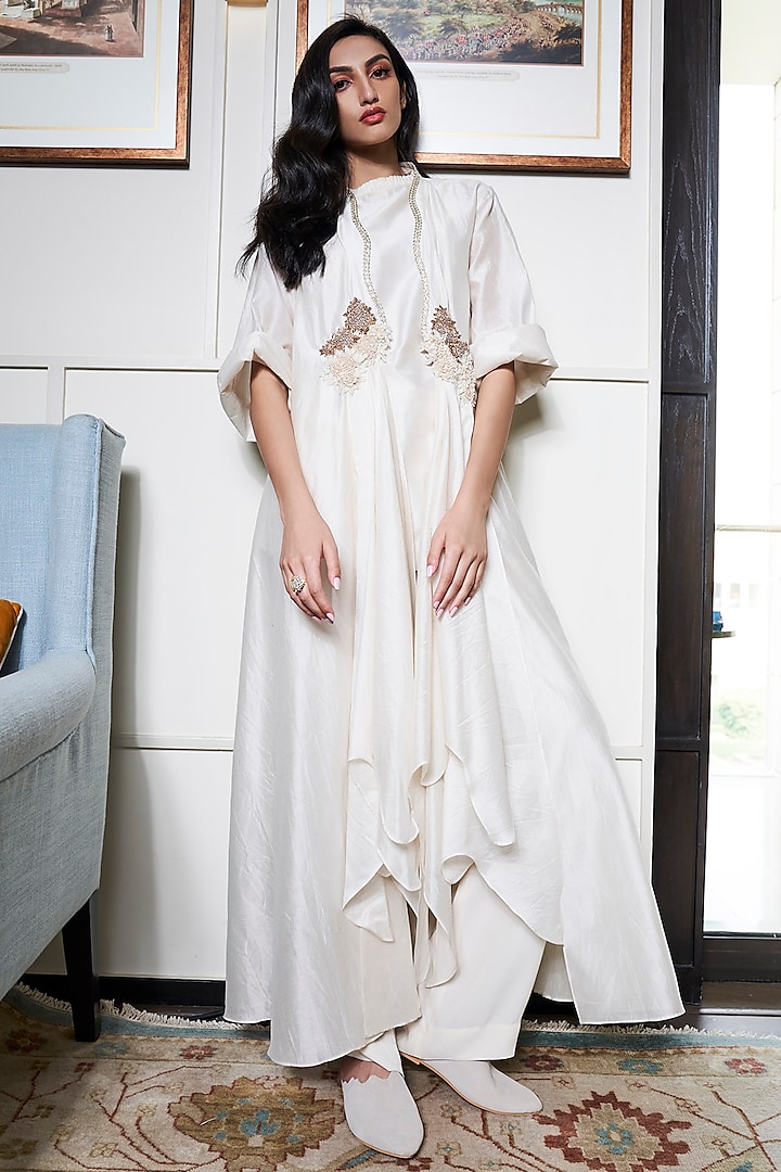 Ivory Embroidered Jacket With Smocked Tunic & Pants by Varun Bahl