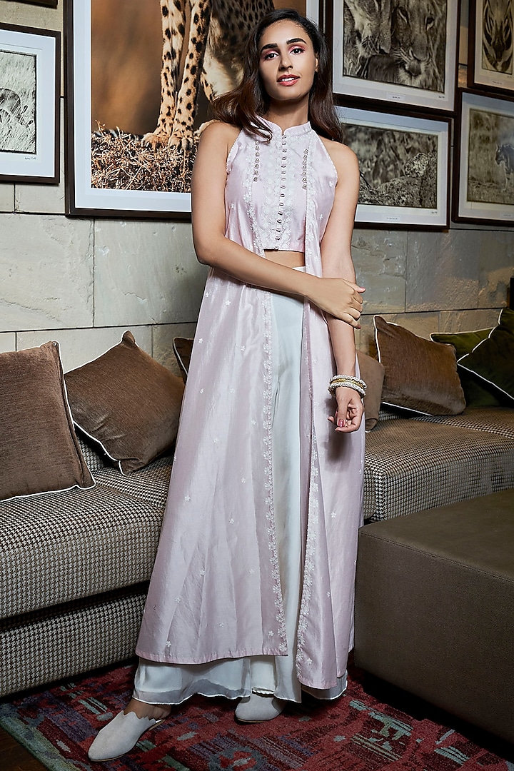 Bright Pink Crop Top With Attached Jacket & Ivory Palazzo Pants by Varun Bahl
