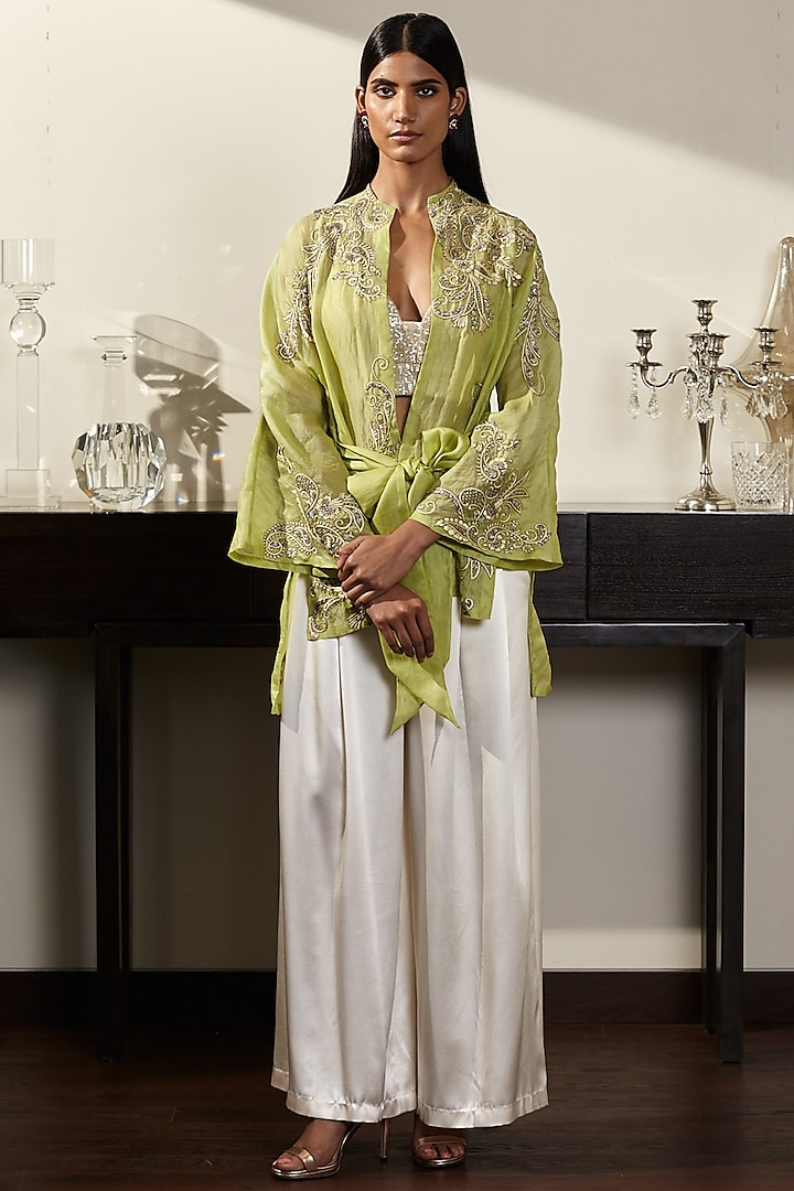 Green Embroidered Kimono Jacket With Trousers & Bustier by Varun Bahl