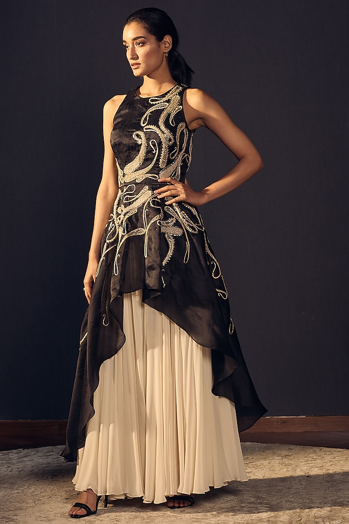 Black Embroidered Gown With Ivory Sharara Pants by Varun Bahl