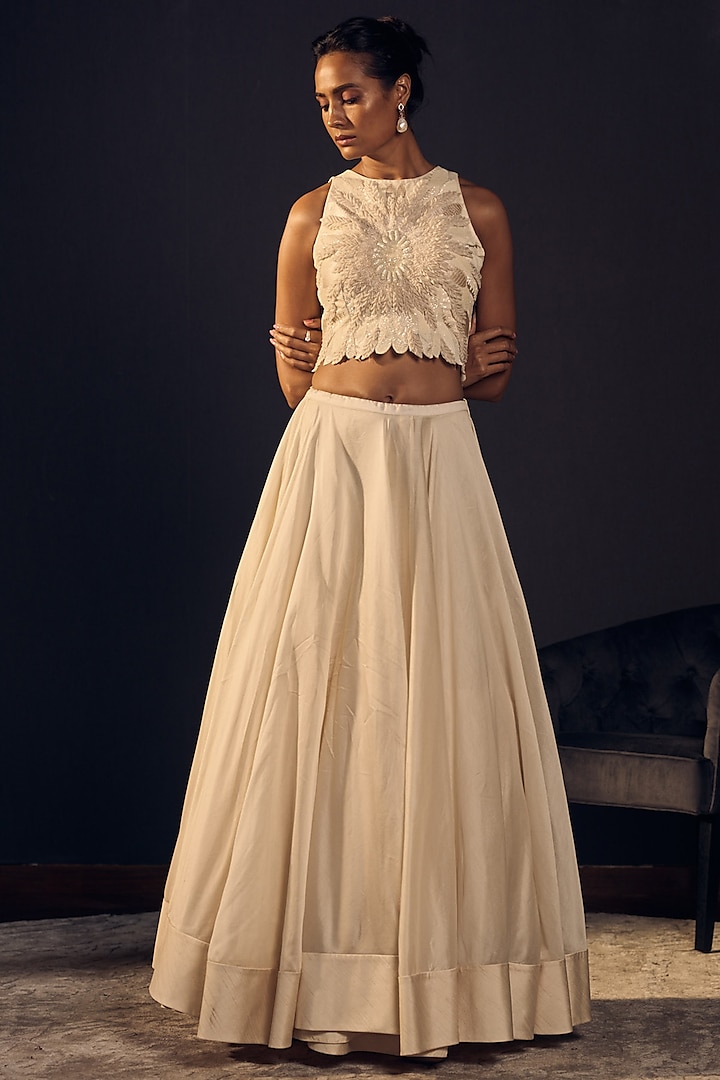 Ivory Embroidered Blouse With Skirt by Varun Bahl