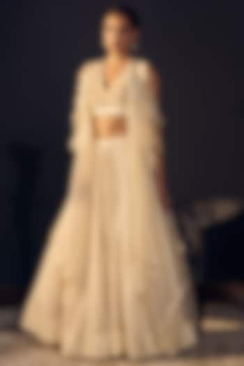 Ivory Embroidered Blouse With Skirt & Cape by Varun Bahl
