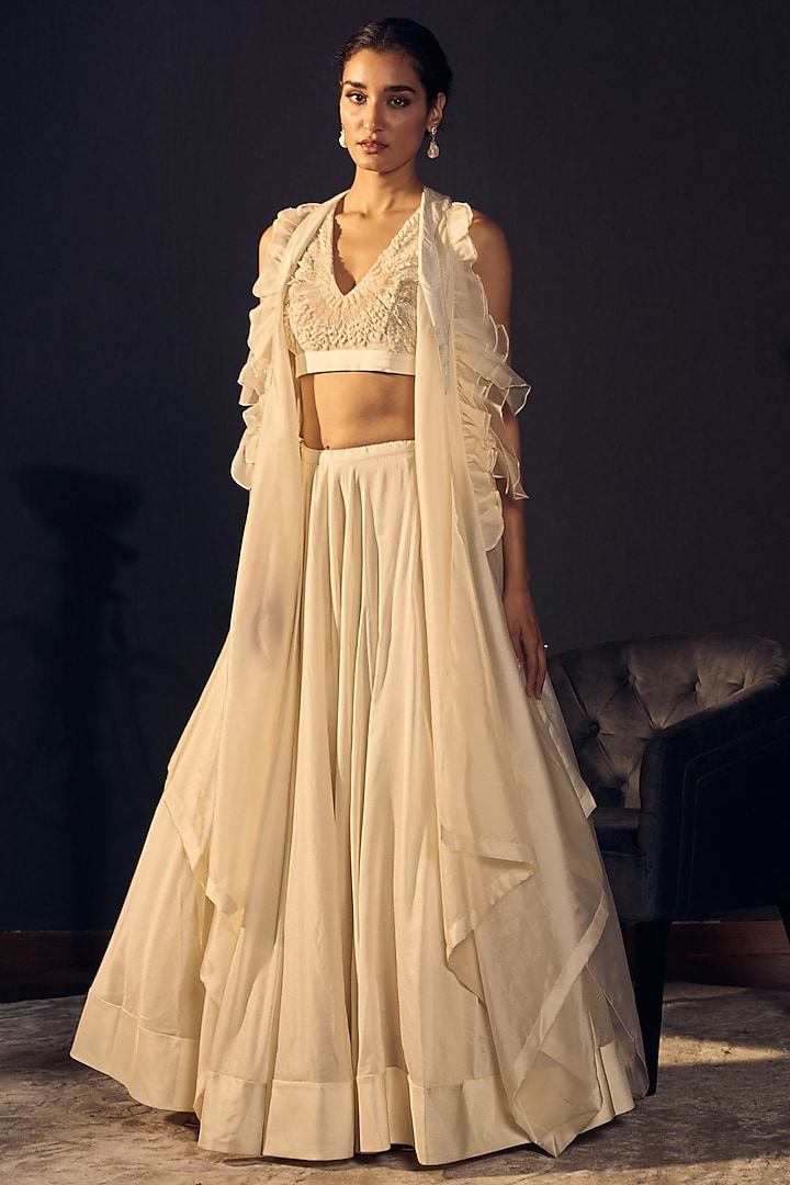 Ivory Embroidered Blouse With Skirt & Cape by Varun Bahl
