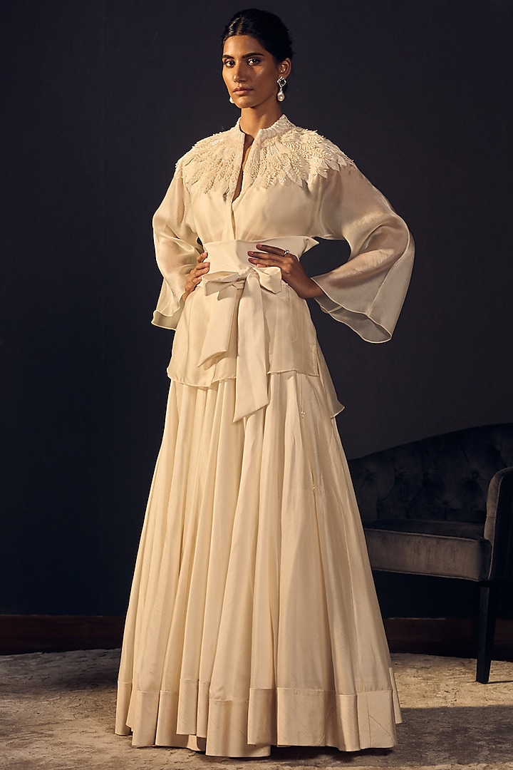 Ivory Embroidered Blouse With Skirt & Belt by Varun Bahl