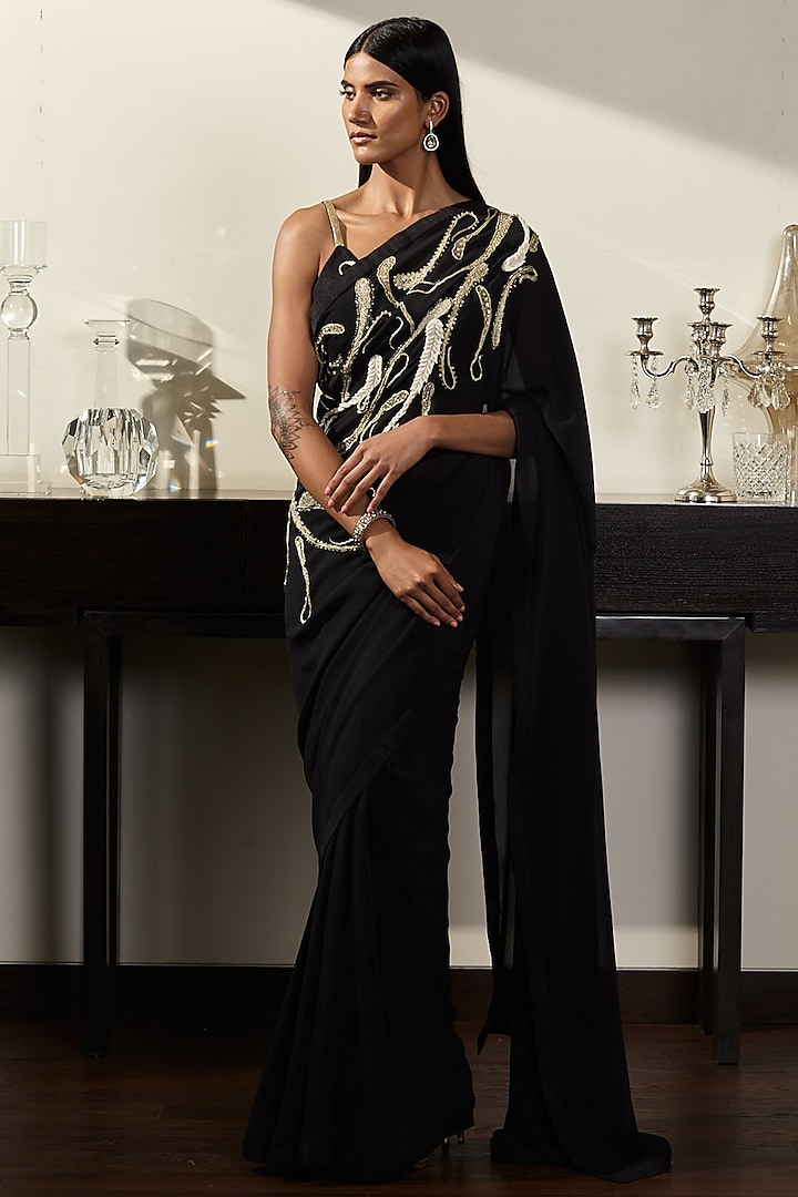 Black Hand Embroidered Saree Set by Varun Bahl