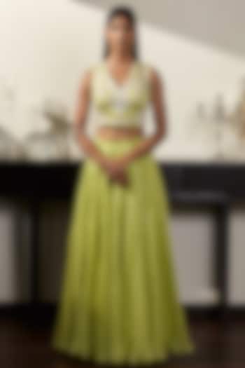 Green Embroidered Blouse & Skirt by Varun Bahl at Pernia's Pop Up Shop