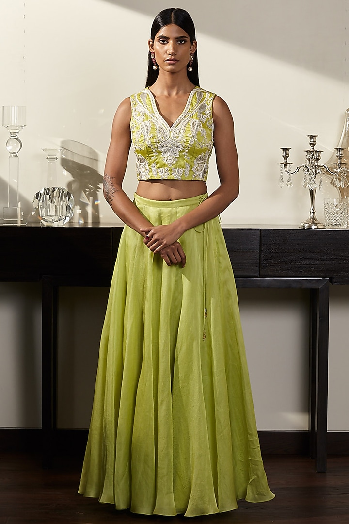 Green Embroidered Blouse & Skirt by Varun Bahl at Pernia's Pop Up Shop
