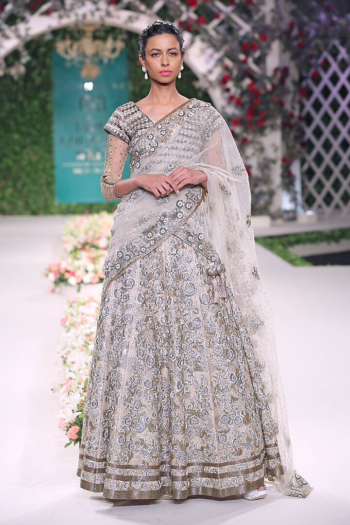 Gold Zardozi, Beads and Sequins Embroidered Lehenga Set by Varun Bahl