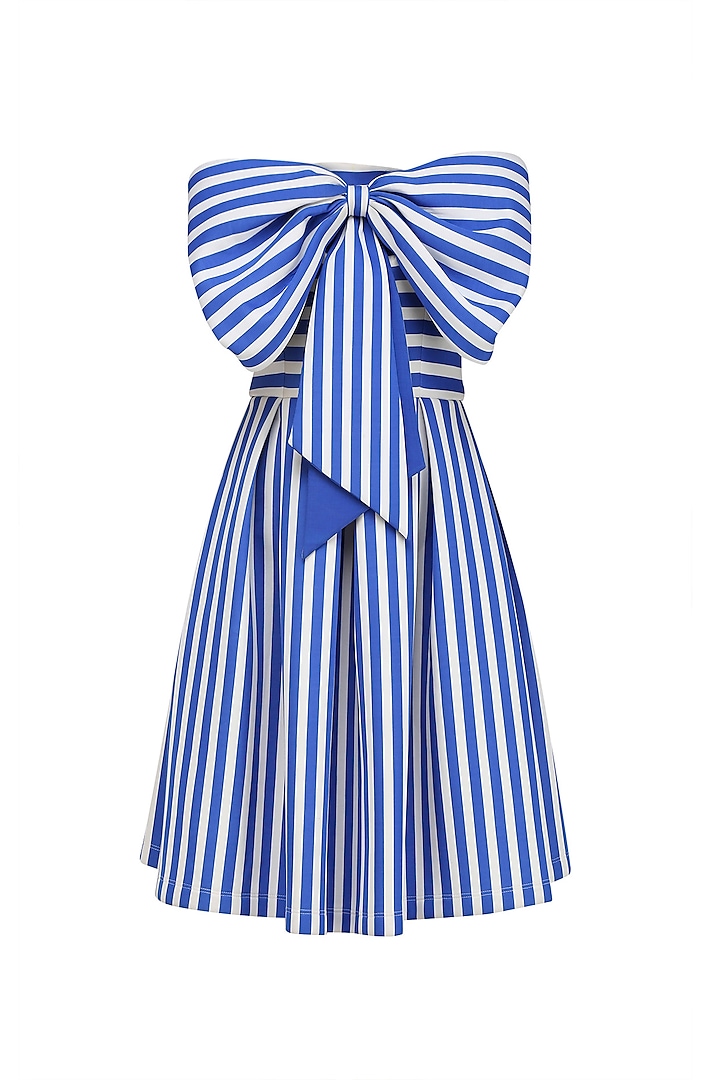 Blue and White Stripe Print Bow Tie Up Fit and Flared Dress by Vineet Bahl