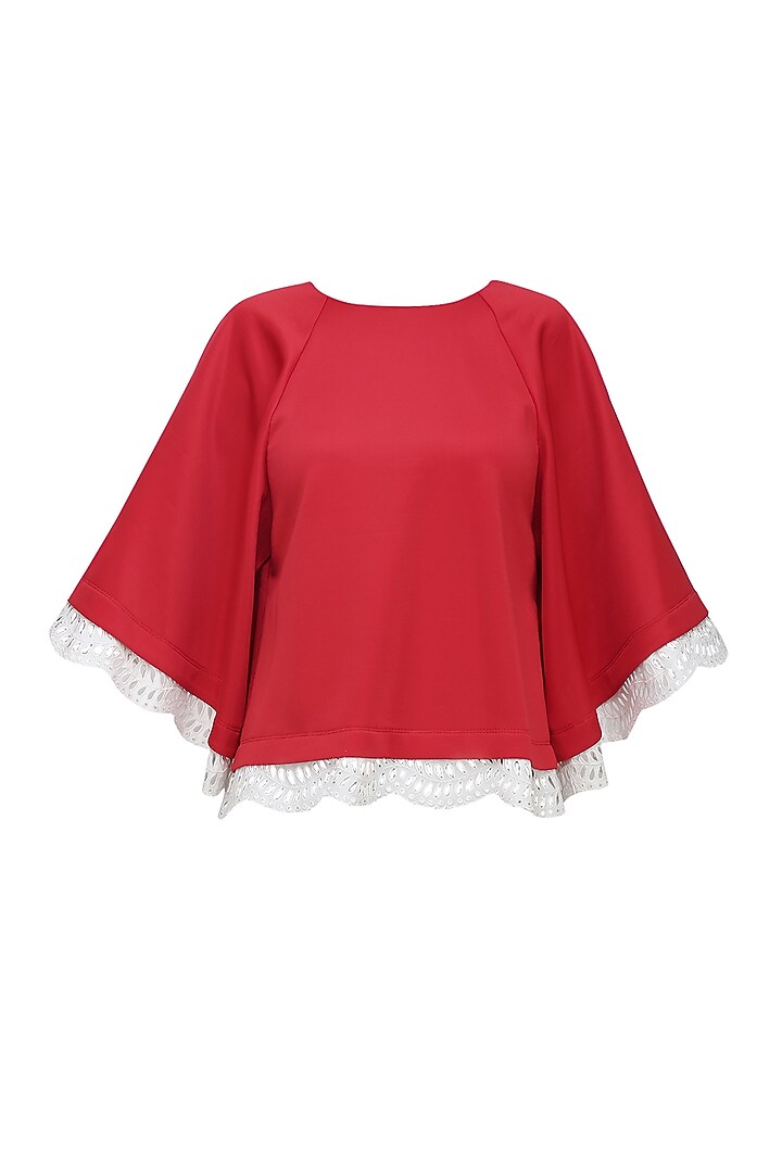 Red and off white embroidered hem cape top available only at Pernia's Pop Up Shop.