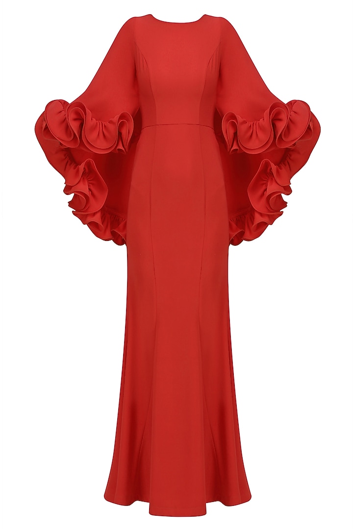 Red ruffled frill detail cape gown available only at Pernia's Pop Up Shop.