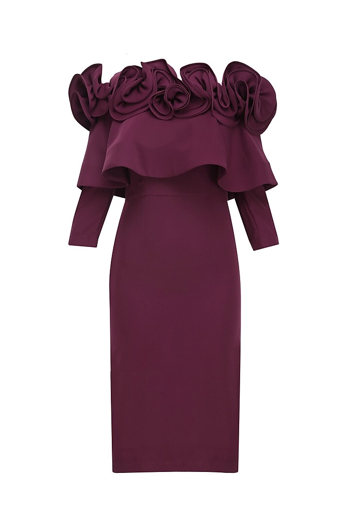 Burgundy Ruffled Frill Detail Fitted Dress by Vineet Bahl
