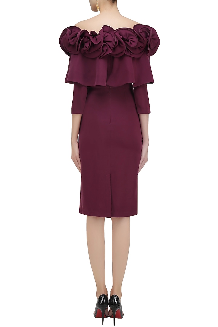 Burgundy ruffled frill detail fitted dress available only at Pernia's Pop Up Shop.