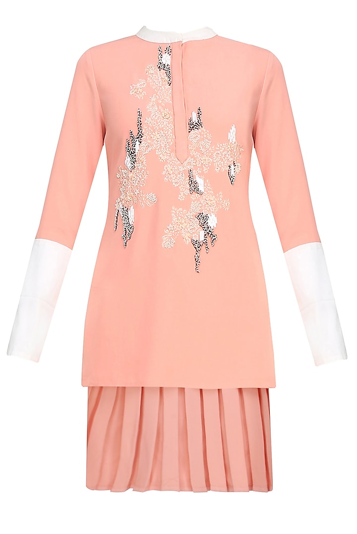 Peach Floral Thread And Beads Embroidered High Low Top by Vineet Bahl