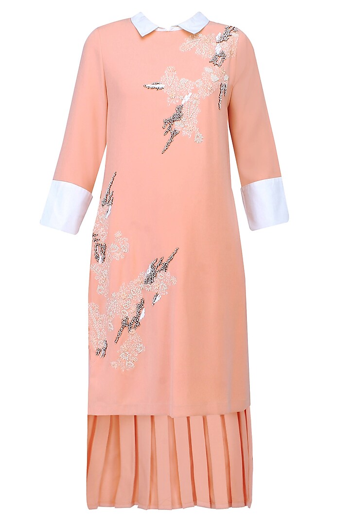 Peach Floral Thread And Beads Embroidered High Low Tunic by Vineet Bahl
