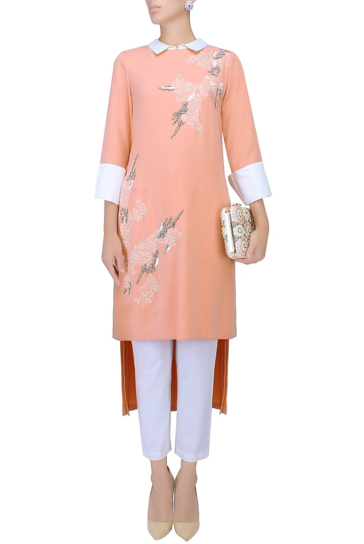 Peach floral thread and beads embroidered high low tunic available only at Pernia's Pop Up Shop.