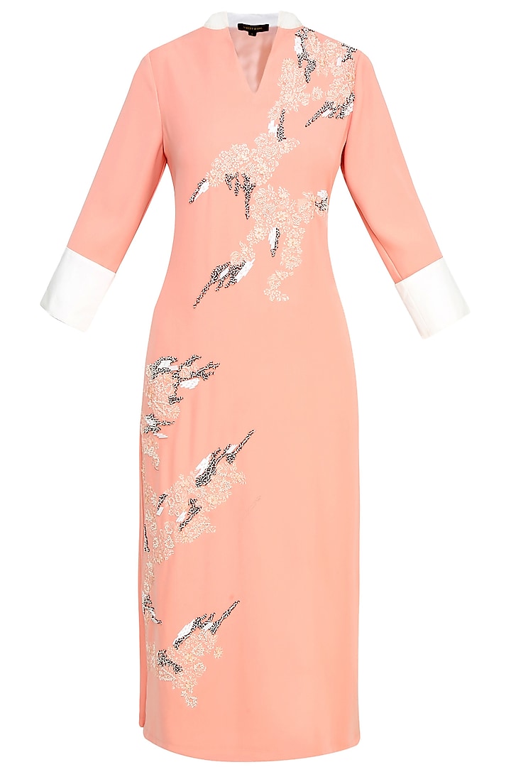 Peach Floral Thread And Beads Embroidered Kurta by Vineet Bahl