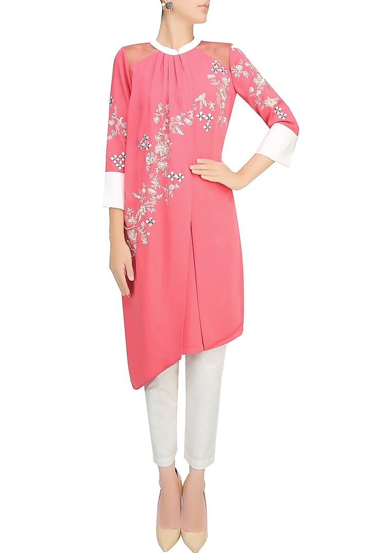 Pink floral embroidered motifs pleated layered tunic available only at Pernia's Pop Up Shop.