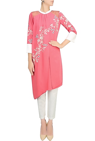 Pink Floral Embroidered Motifs Pleated Layered Tunic by Vineet Bahl