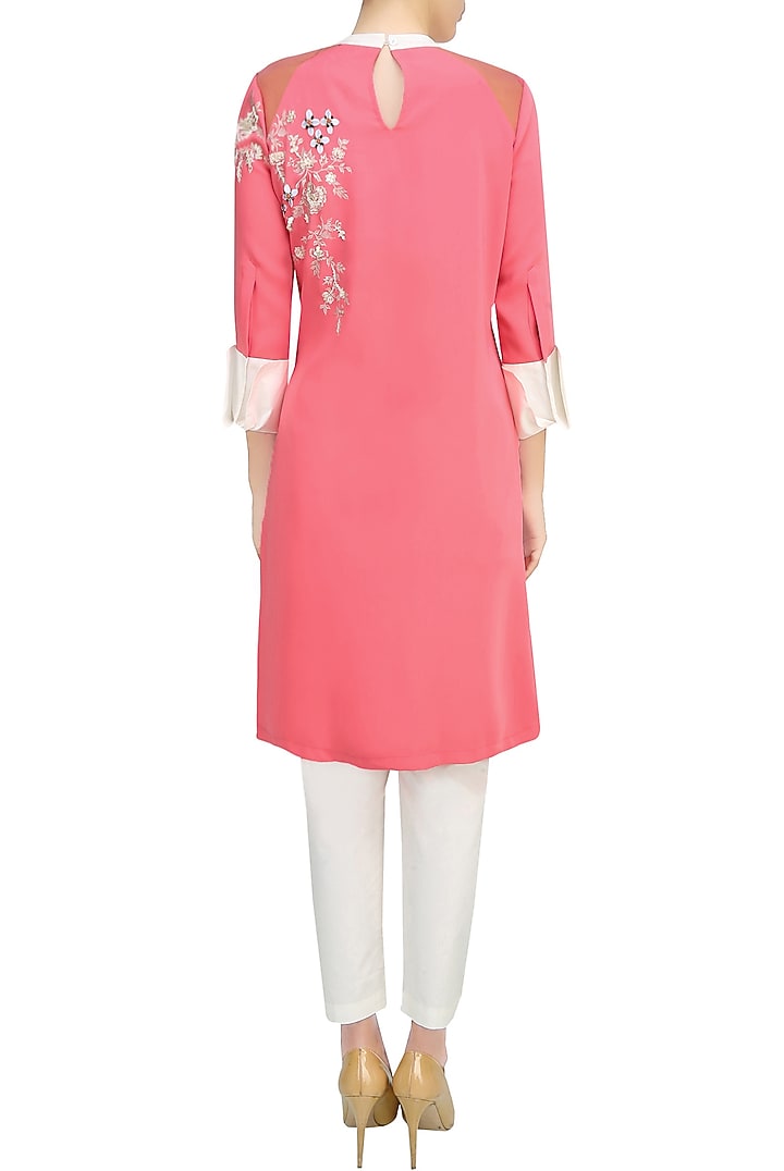 Pink floral embroidered motifs pleated layered tunic available only at Pernia's Pop Up Shop.