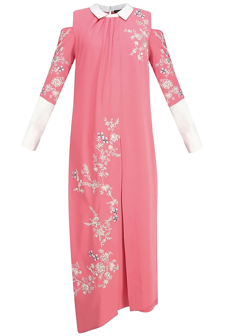 Pink Floral Embroidered Motifs Pleated Layered Kurta by Vineet Bahl