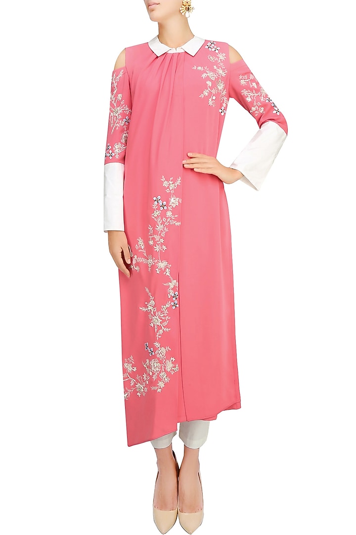 Pink floral embroidered motifs pleated layered kurta available only at Pernia's Pop Up Shop.