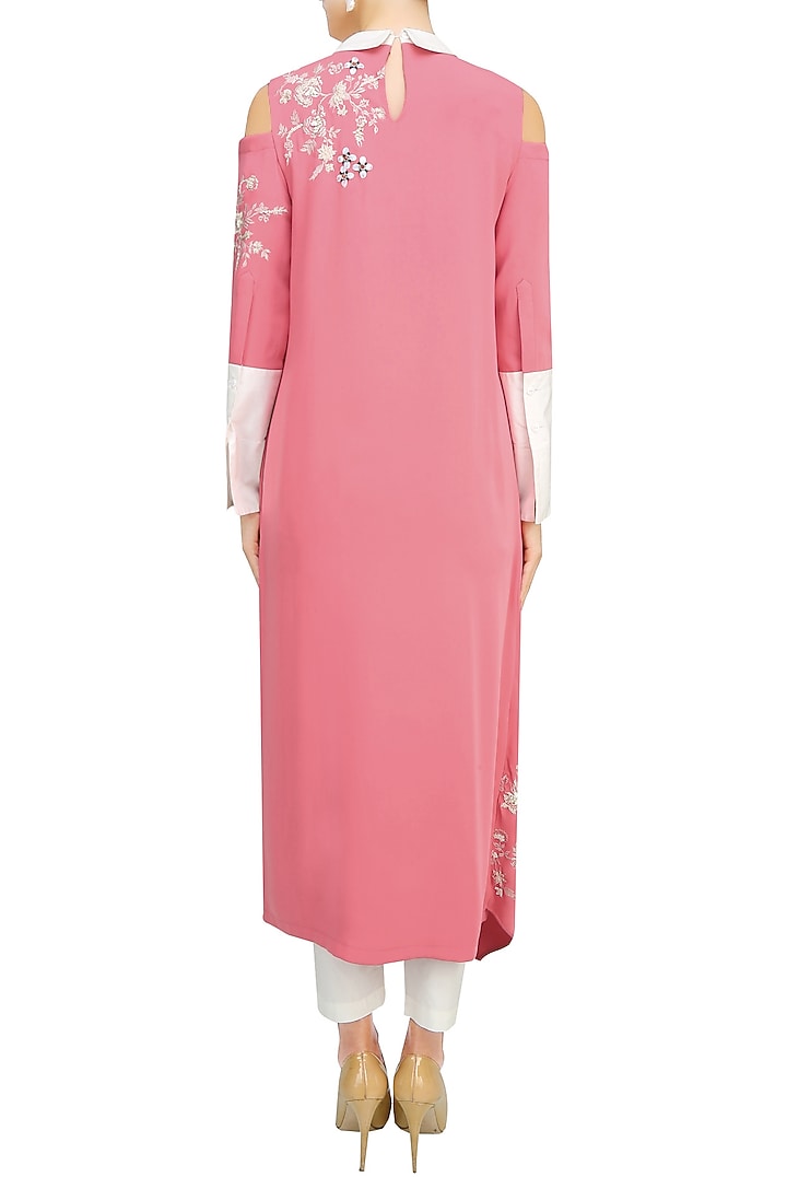 Pink floral embroidered motifs pleated layered kurta available only at Pernia's Pop Up Shop.