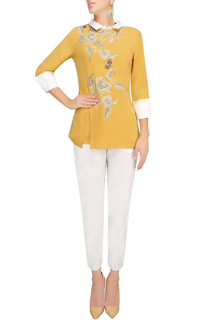 Mustard yellow and silver floral embroidered motifs top available only at Pernia's Pop Up Shop.