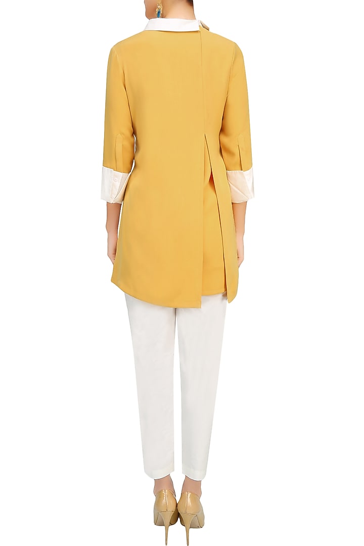 Mustard yellow and silver floral embroidered motifs top available only at Pernia's Pop Up Shop.