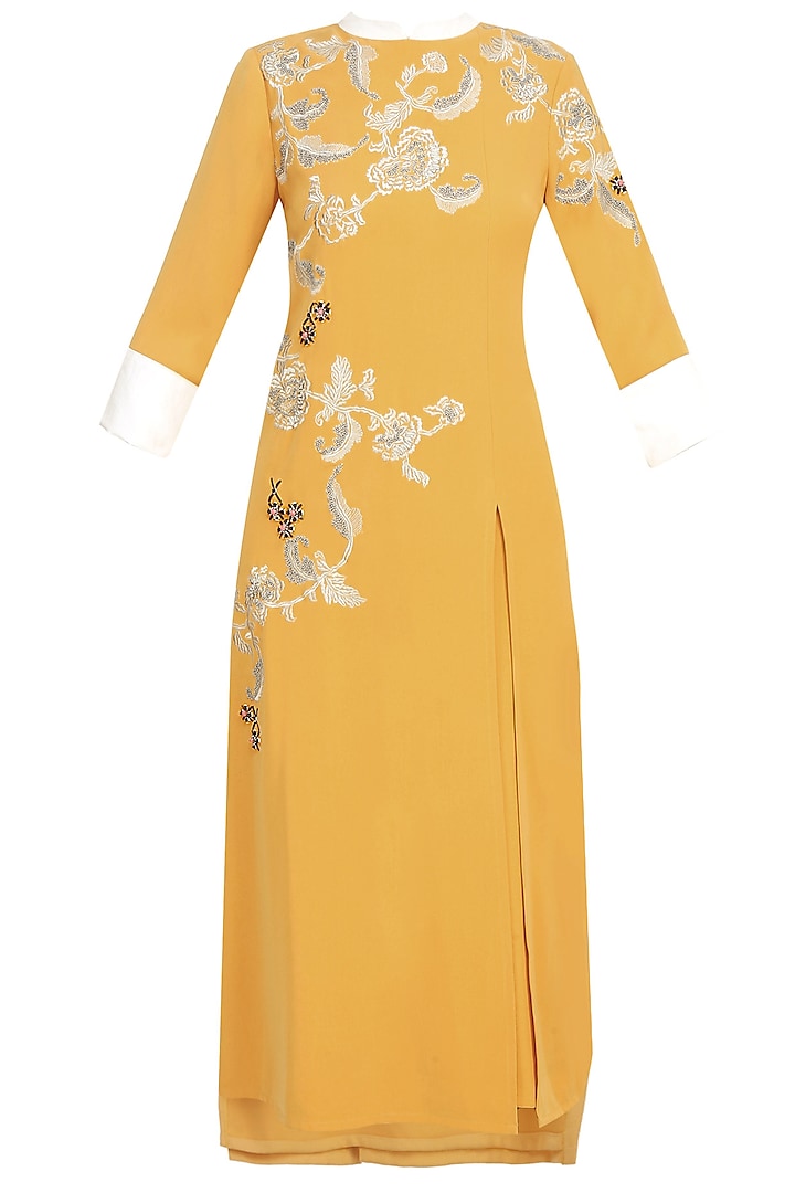 Mustard Yellow And Silver Floral Embroidered Motifs Kurta by Vineet Bahl