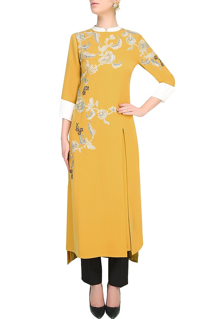 Mustard yellow and silver floral embroidered motifs kurta available only at Pernia's Pop Up Shop.