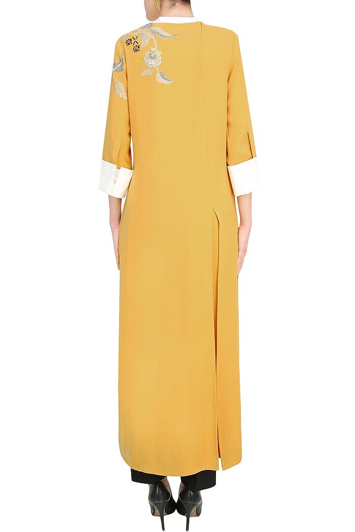 Mustard yellow and silver floral embroidered motifs kurta available only at Pernia's Pop Up Shop.