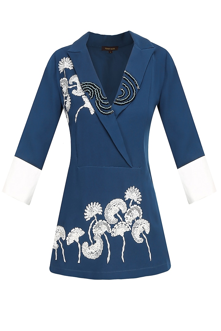 Navy Blue And Ivory Floral Embroidered High Low Top by Vineet Bahl