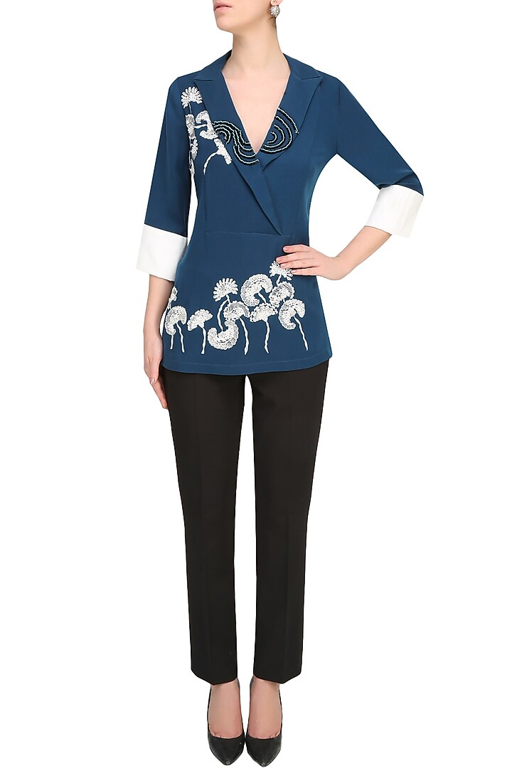 Navy blue and ivory floral embroidered high low top available only at Pernia's Pop Up Shop.