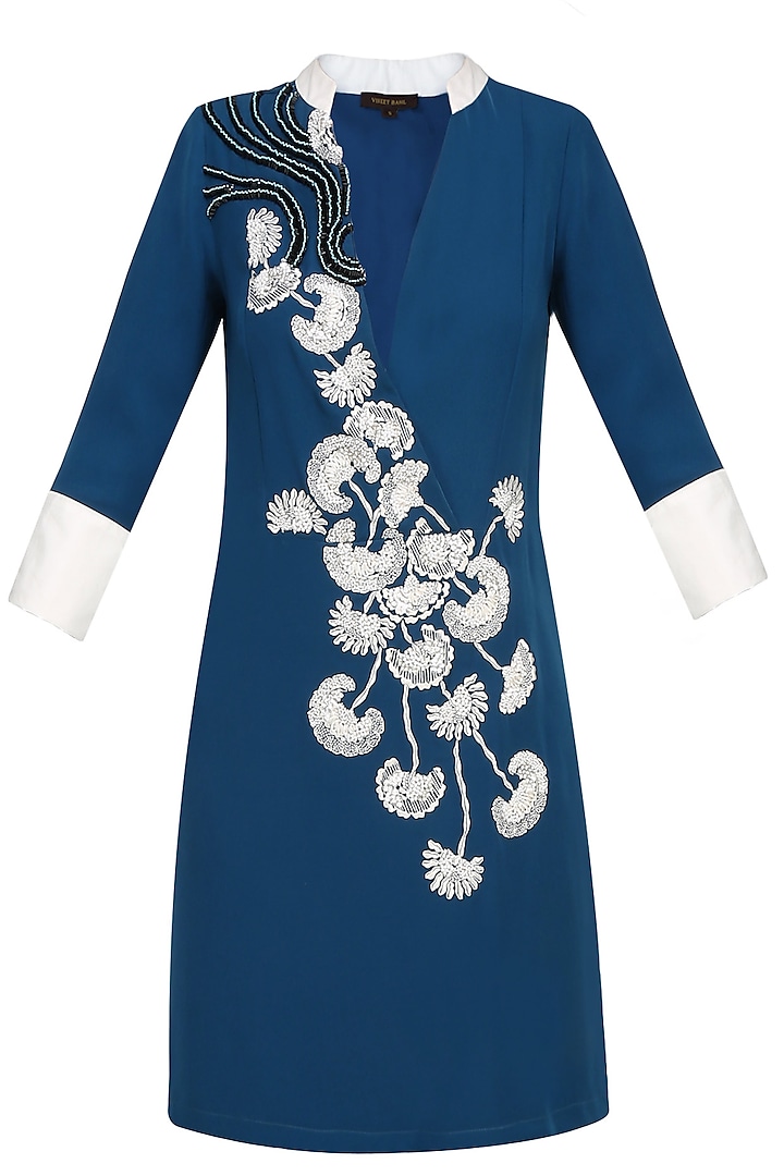 Navy Blue And Ivory Floral Embroidered High Low Tunic by Vineet Bahl
